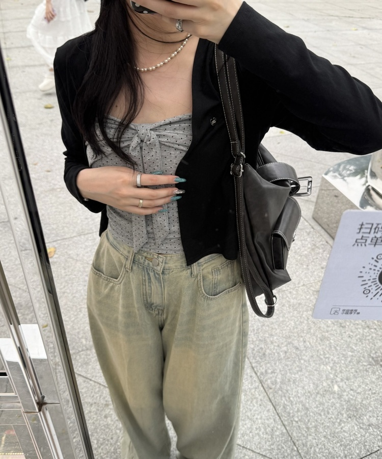 【❤️MADE】【SET】CBロゴカーディガン＋リボンドットフリルキャミ BLACK