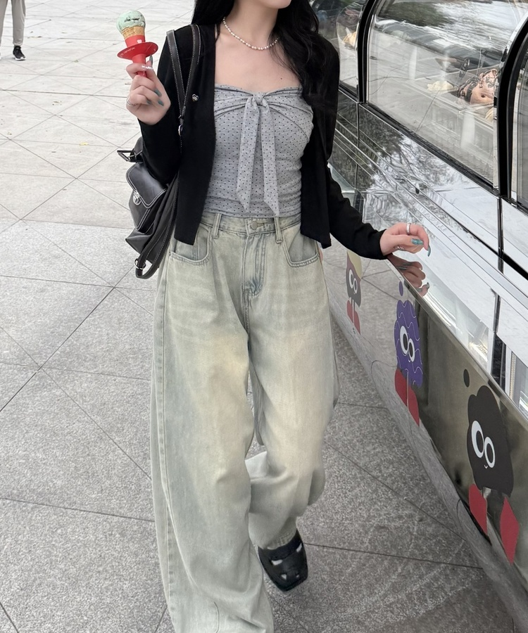 【❤️MADE】【SET】CBロゴカーディガン＋リボンドットフリルキャミ BLACK