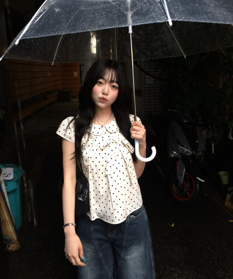 ドット柄リボン丸襟ブラウス CREAM