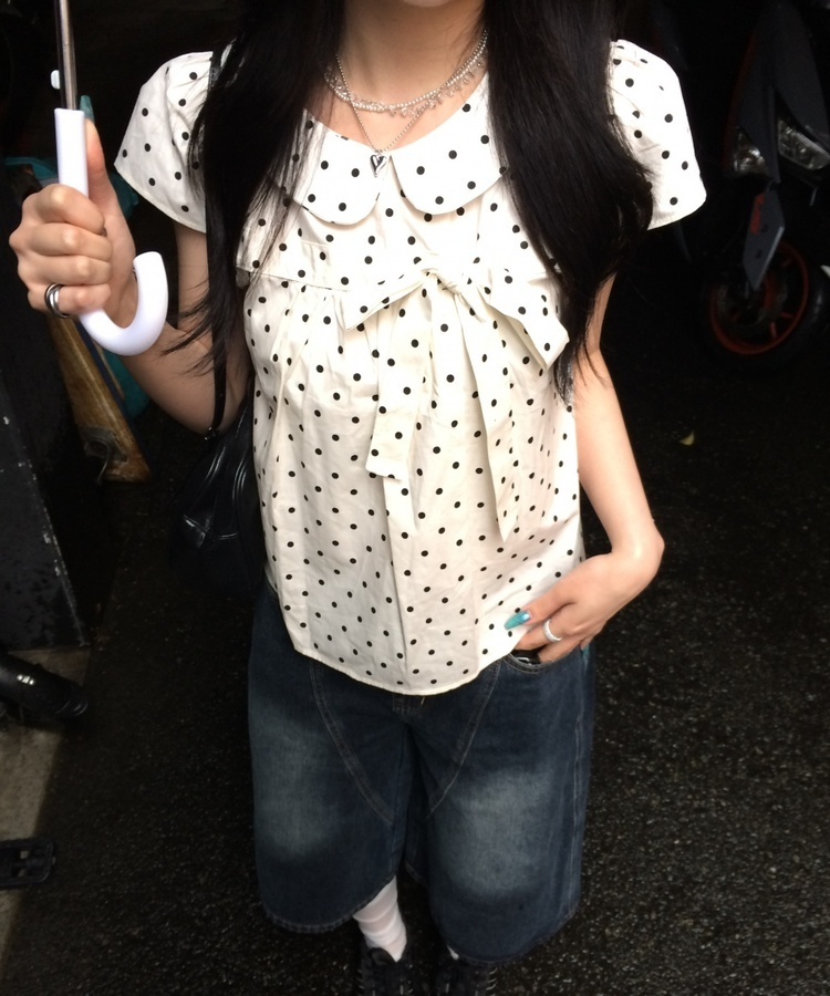 ドット柄リボン丸襟ブラウス CREAM