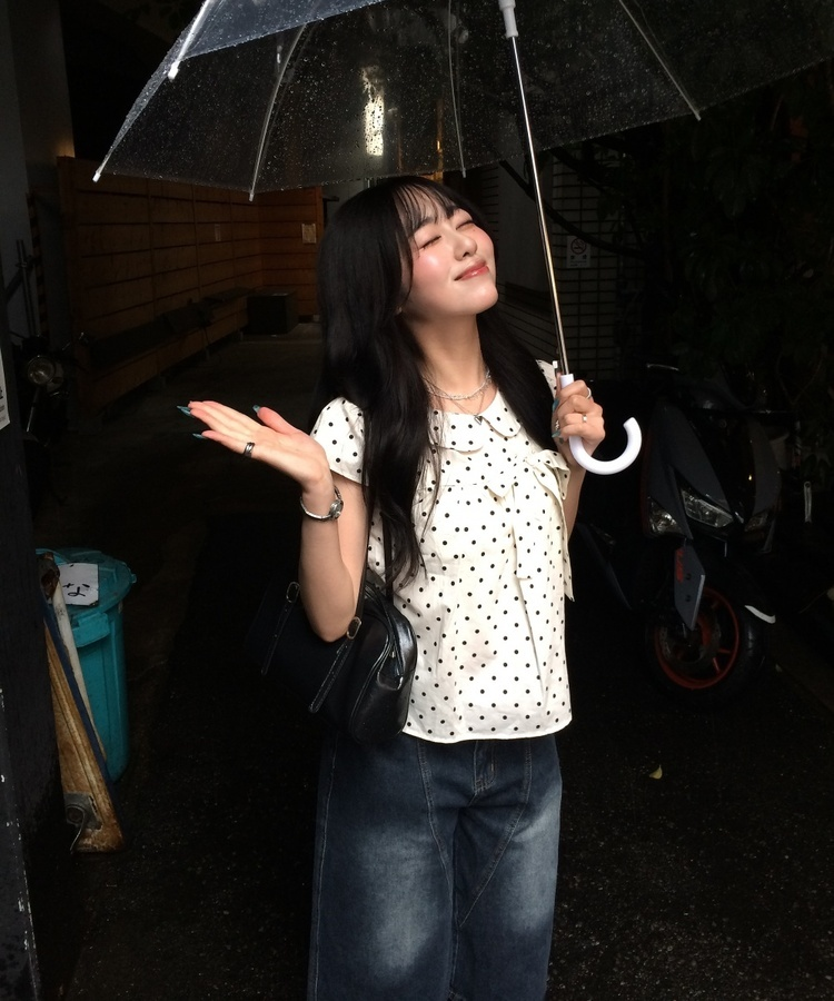 ドット柄リボン丸襟ブラウス CREAM