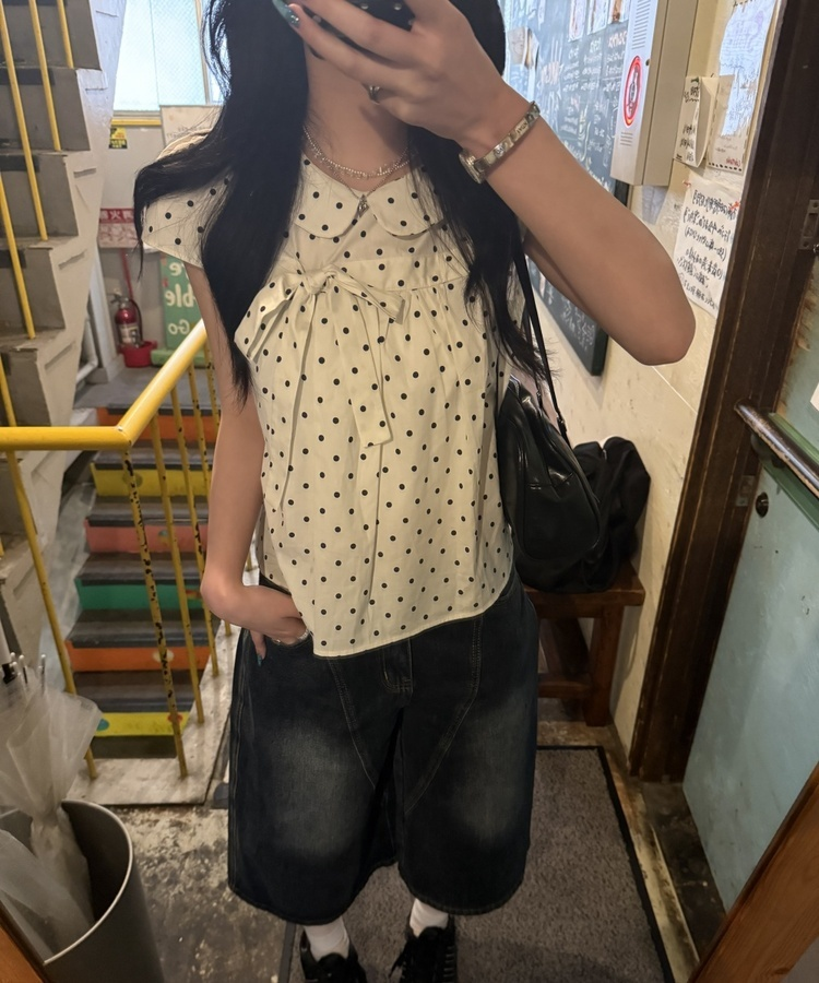 ドット柄リボン丸襟ブラウス CREAM