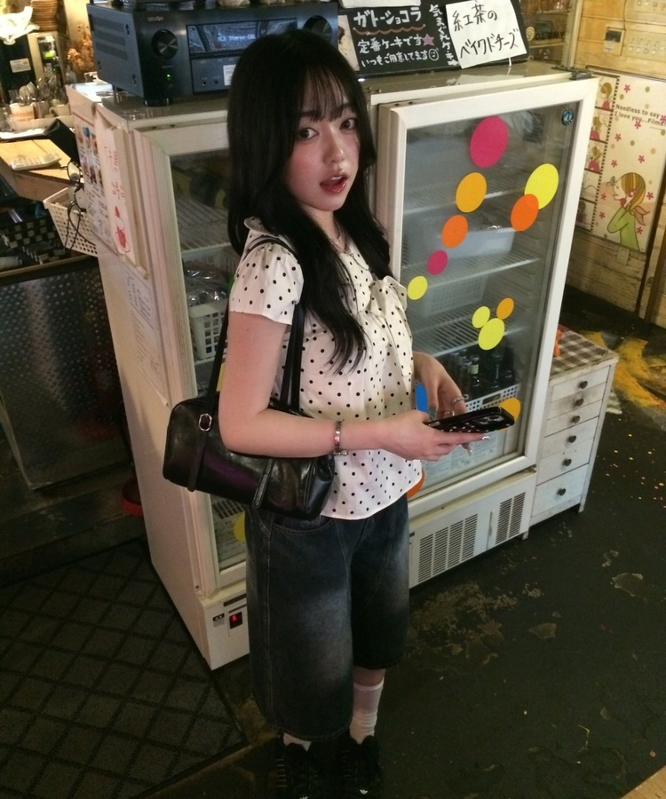 ドット柄リボン丸襟ブラウス CREAM