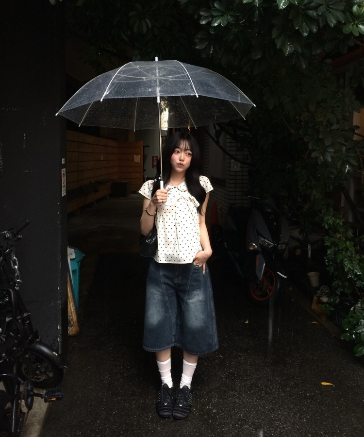 ドット柄リボン丸襟ブラウス CREAM