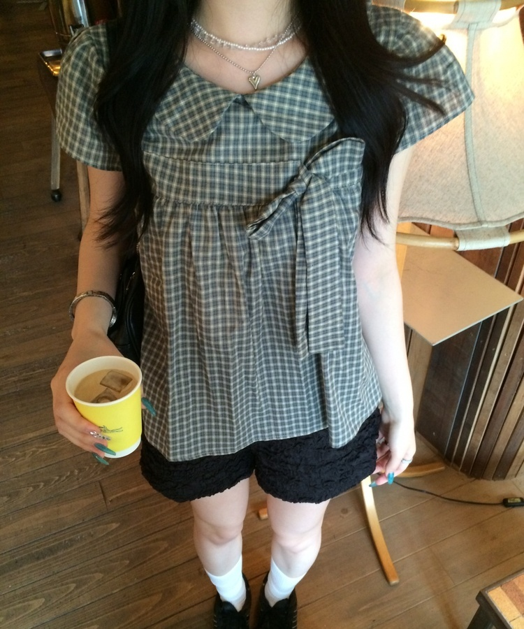 リボンポイントパフスリーブブラウス GREEN