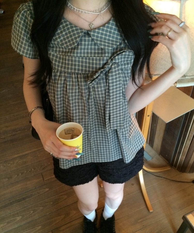 リボンポイントパフスリーブブラウス GREEN