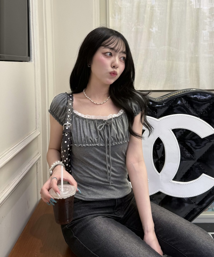 リボンシャーリング半袖Tシャツ GREY