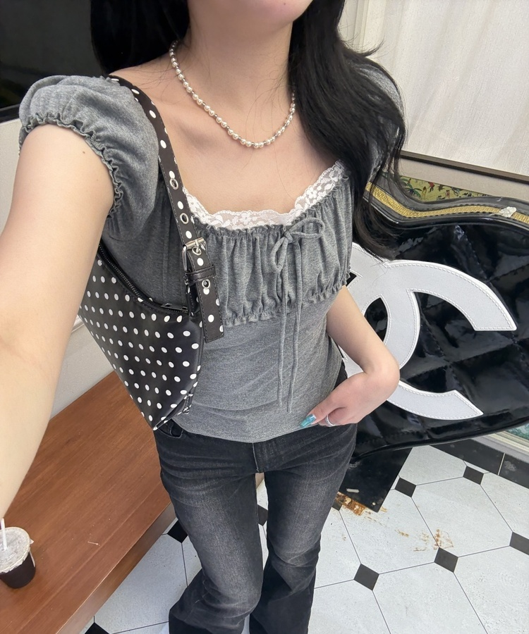 リボンシャーリング半袖Tシャツ GREY