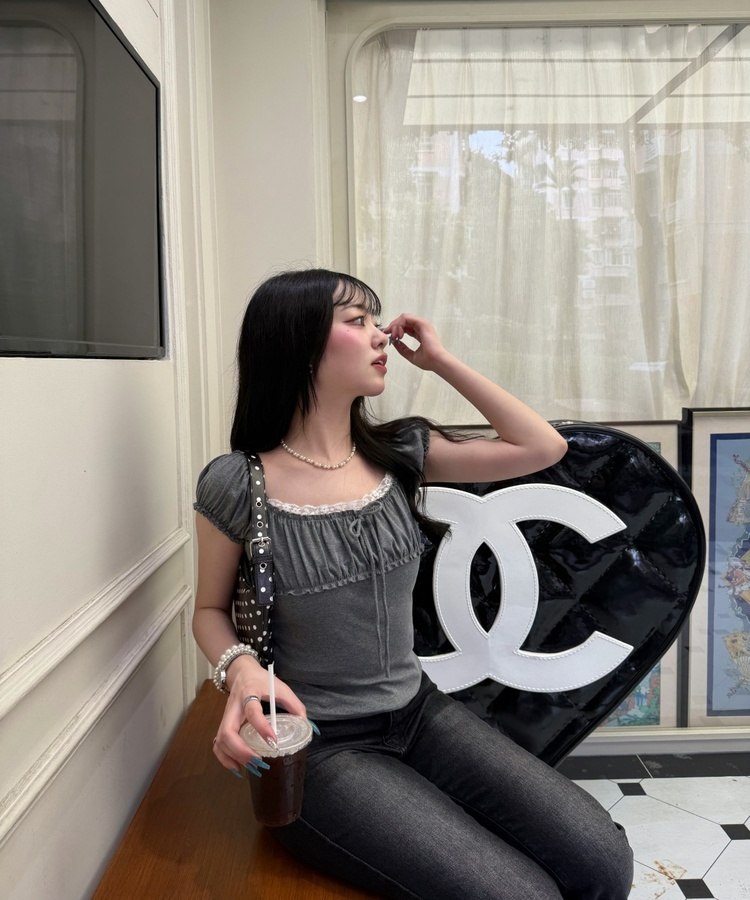 リボンシャーリング半袖Tシャツ GREY