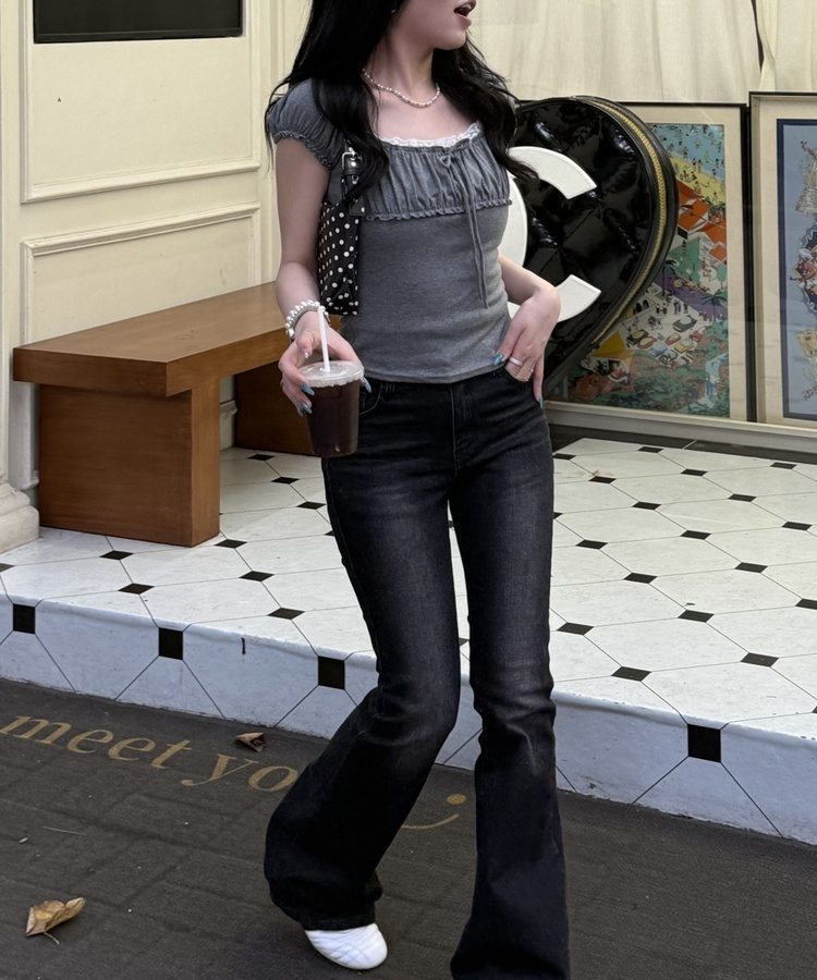 リボンシャーリング半袖Tシャツ GREY