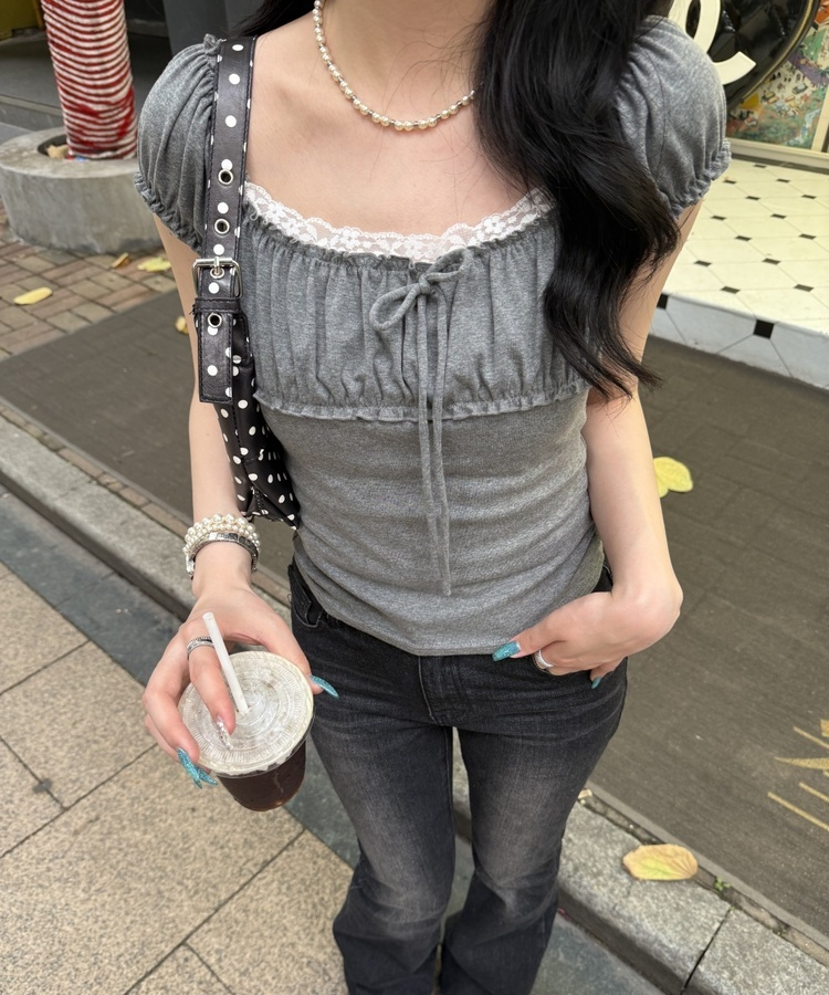 リボンシャーリング半袖Tシャツ GREY