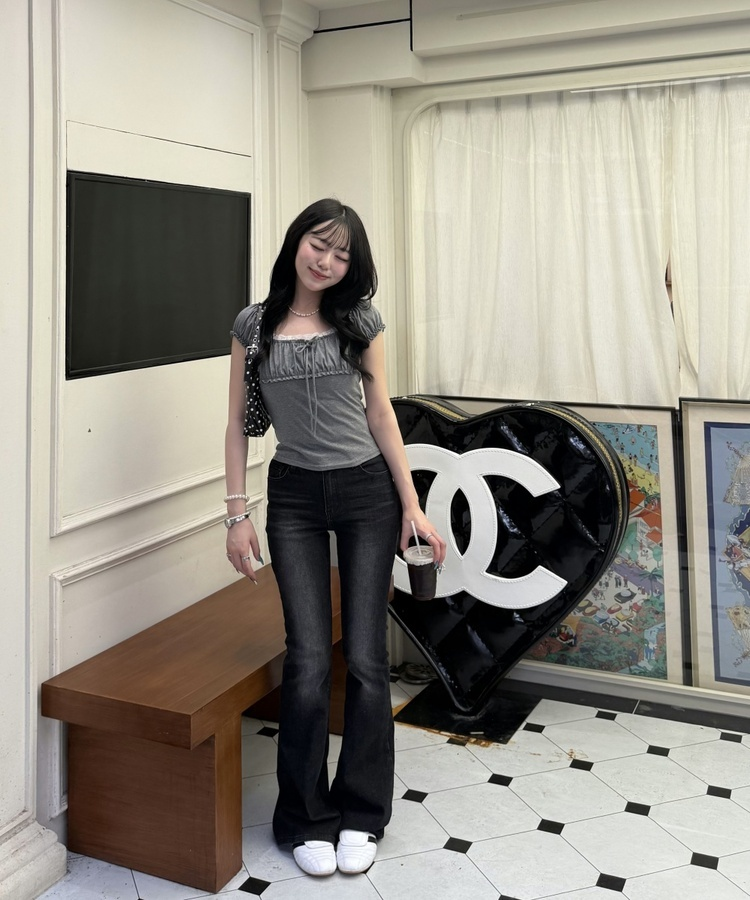 リボンシャーリング半袖Tシャツ GREY