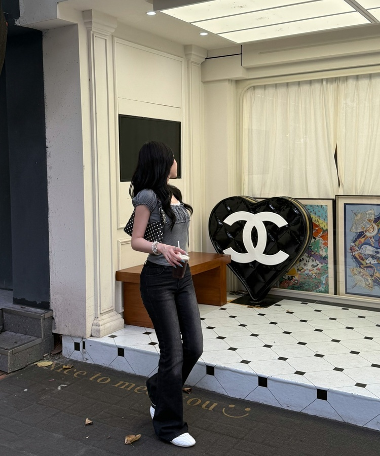 リボンシャーリング半袖Tシャツ GREY