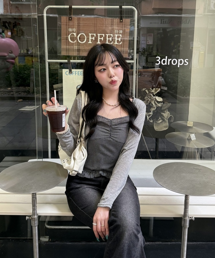 【SET】クロップカーディガン＋ギンガムキャミ GREY