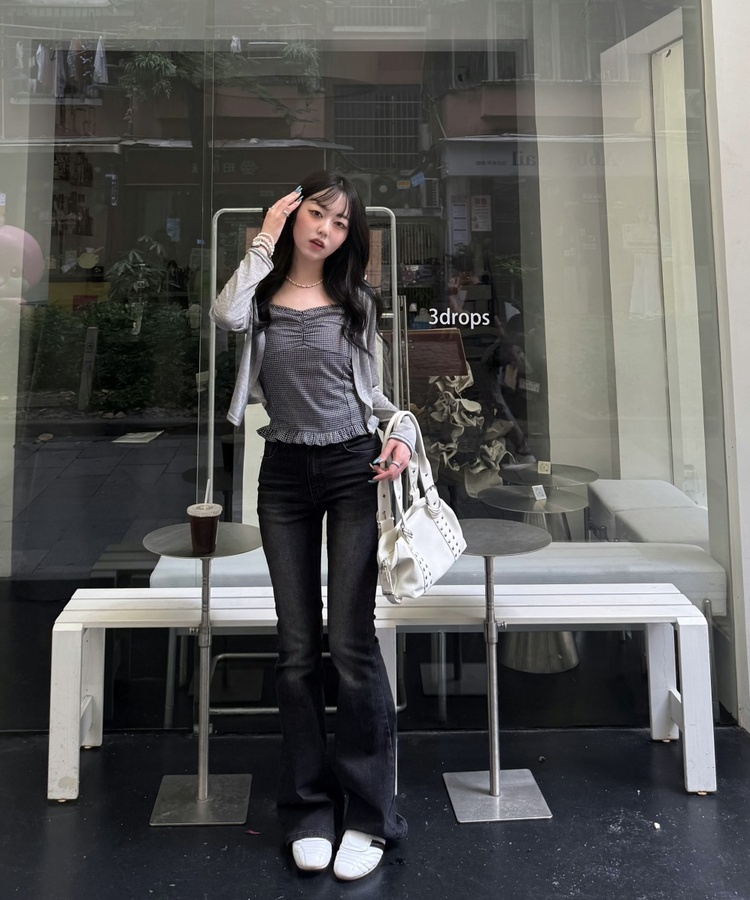 【SET】クロップカーディガン＋ギンガムキャミ GREY