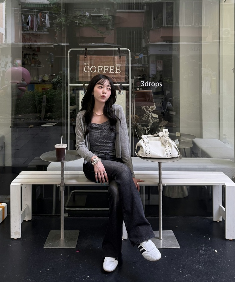 【SET】クロップカーディガン＋ギンガムキャミ GREY