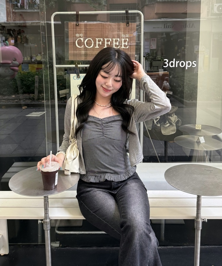 【SET】クロップカーディガン＋ギンガムキャミ GREY