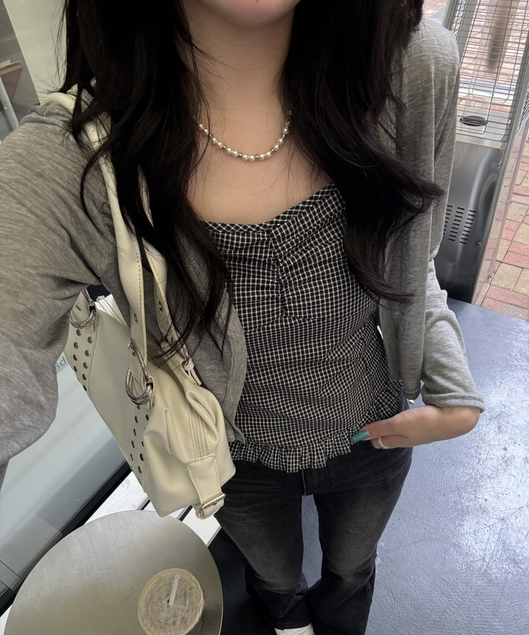 【SET】クロップカーディガン＋ギンガムキャミ GREY