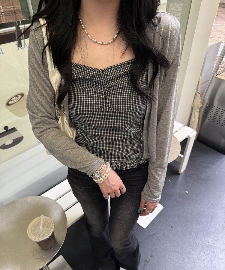 【SET】クロップカーディガン＋ギンガムキャミ GREY