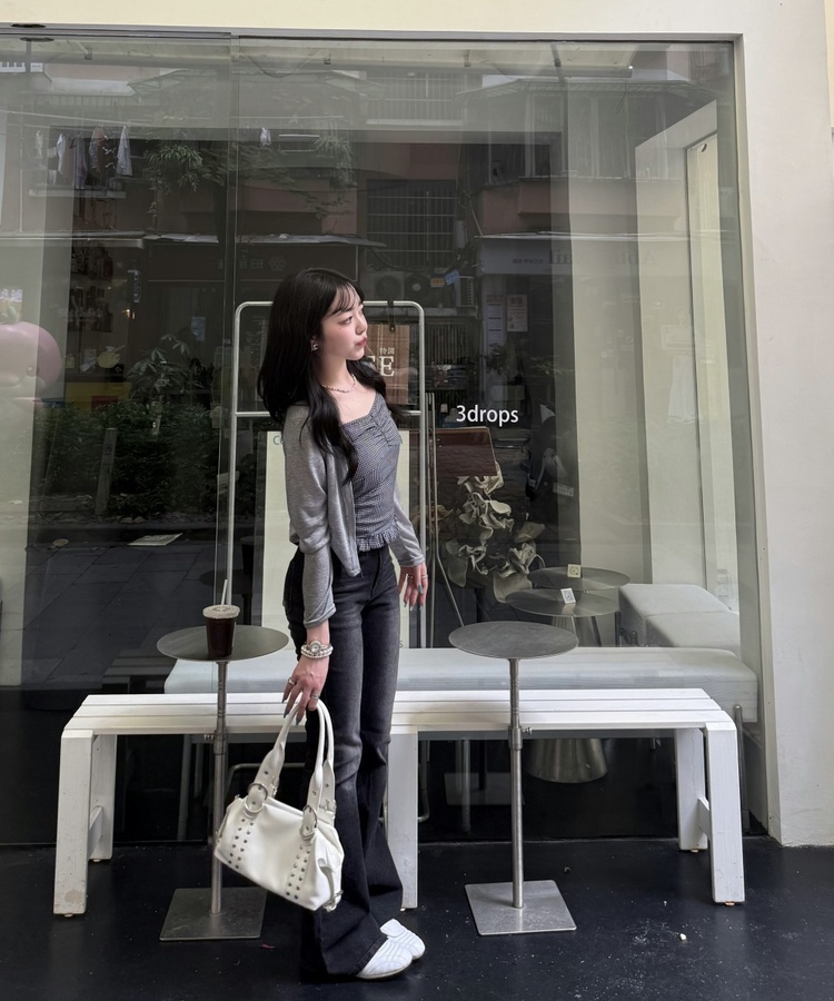 【SET】クロップカーディガン＋ギンガムキャミ GREY