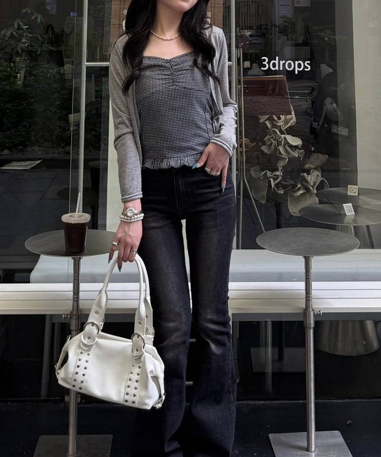 【SET】クロップカーディガン＋ギンガムキャミ GREY