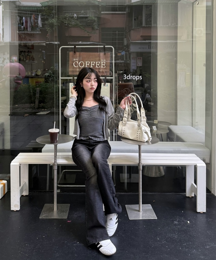 【SET】クロップカーディガン＋ギンガムキャミ GREY