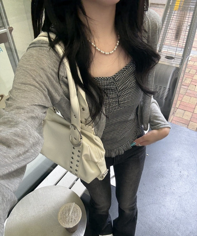 【SET】クロップカーディガン＋ギンガムキャミ GREY