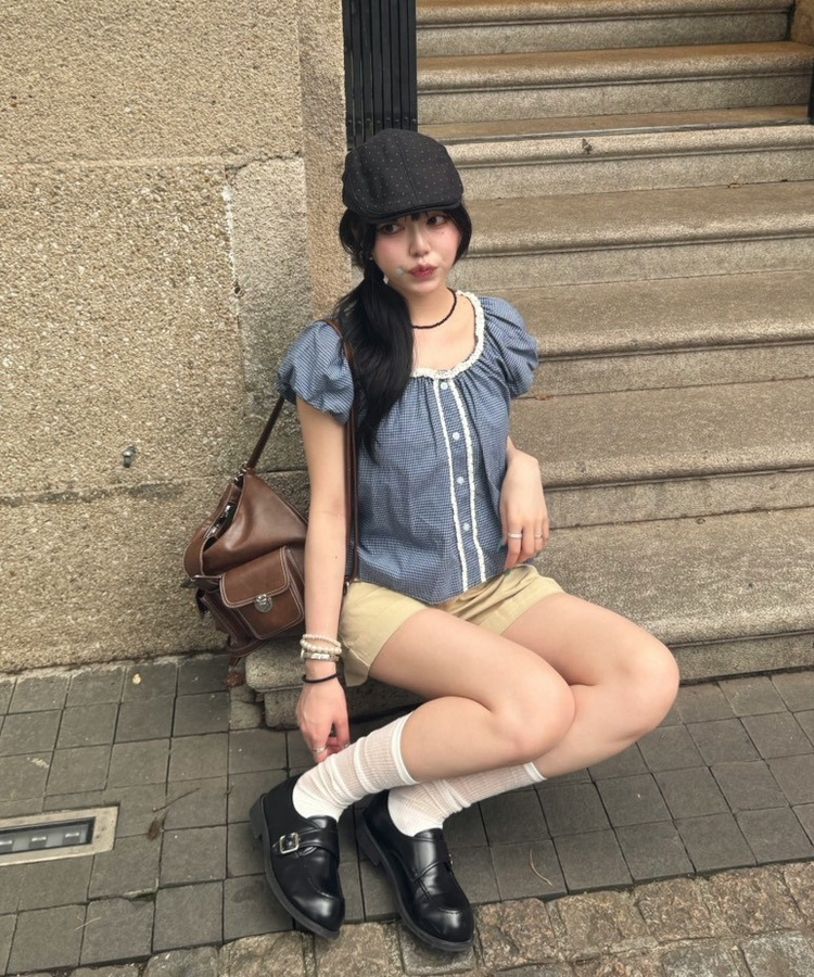 レースチェック半袖ブラウス BLUE