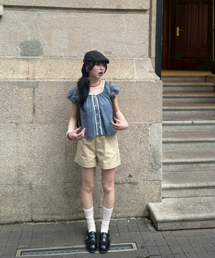 レースチェック半袖ブラウス BLUE