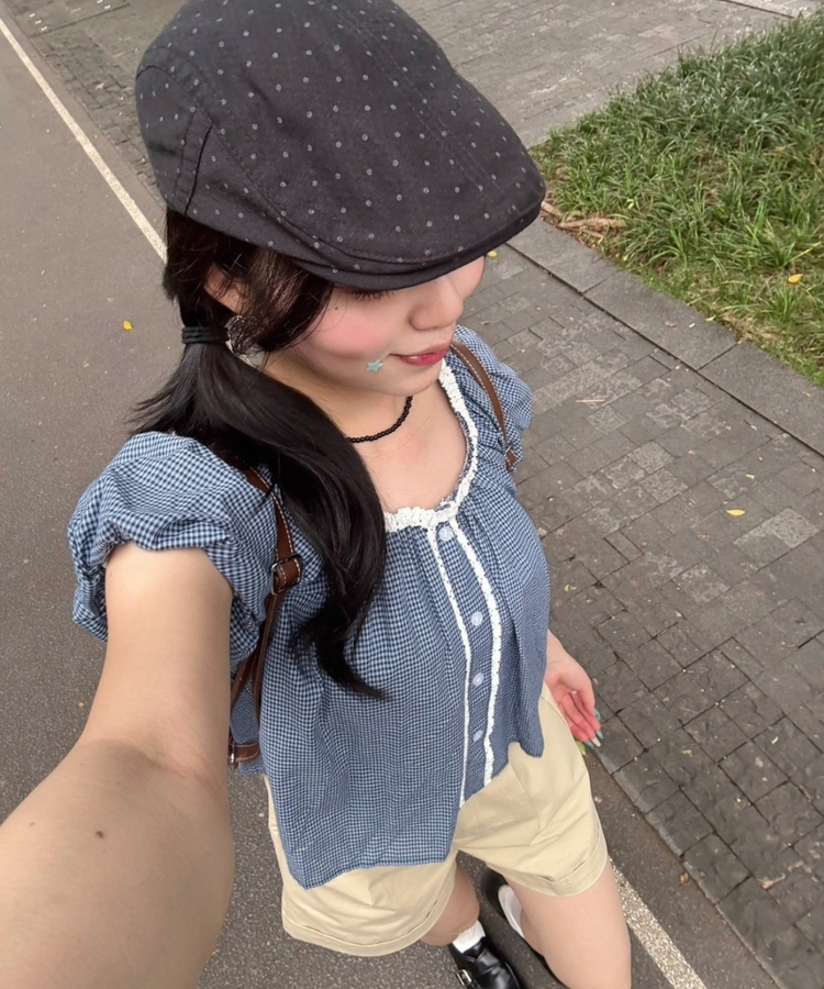レースチェック半袖ブラウス BLUE