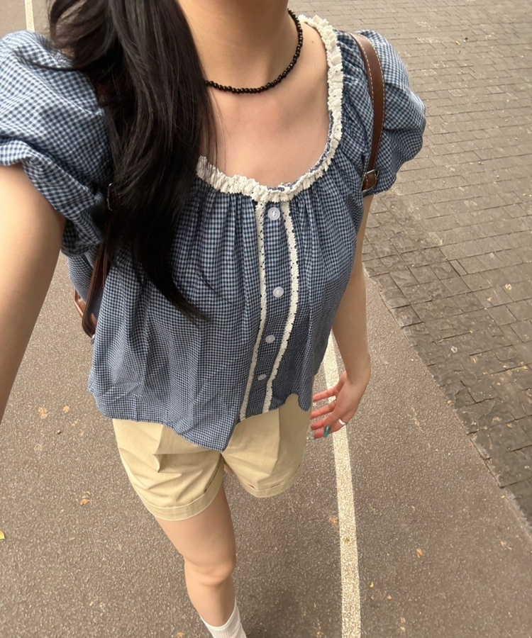 レースチェック半袖ブラウス BLUE