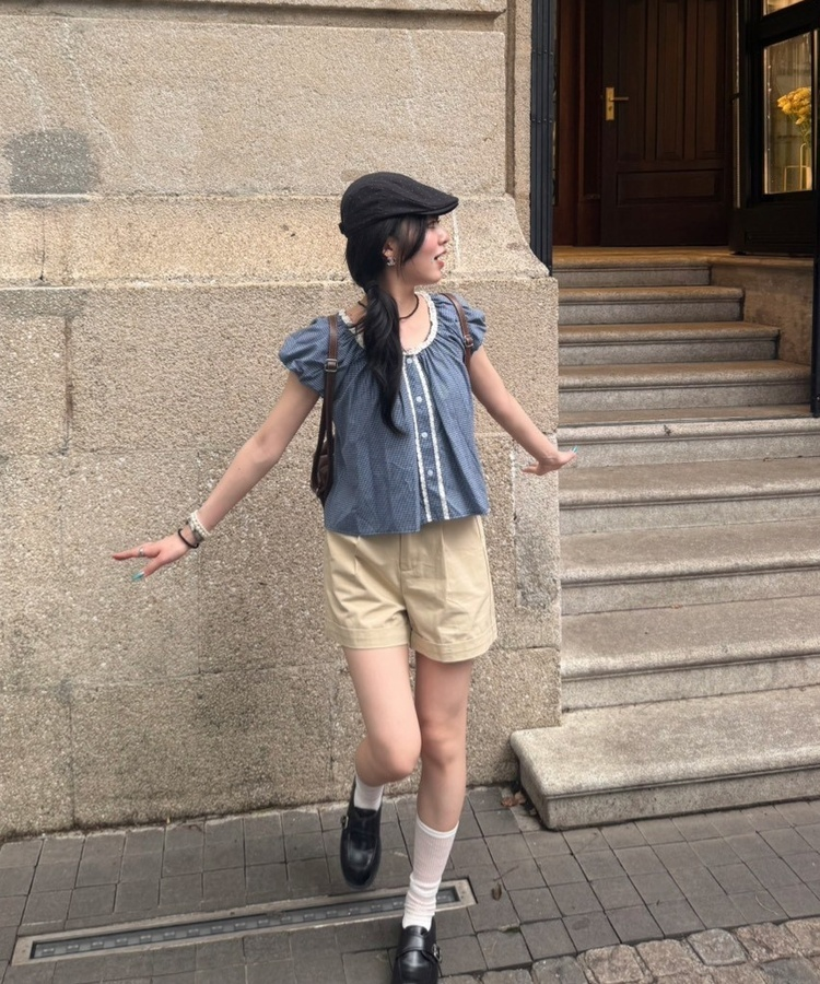 レースチェック半袖ブラウス BLUE