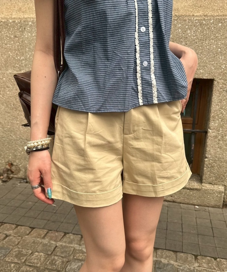 レースチェック半袖ブラウス BLUE