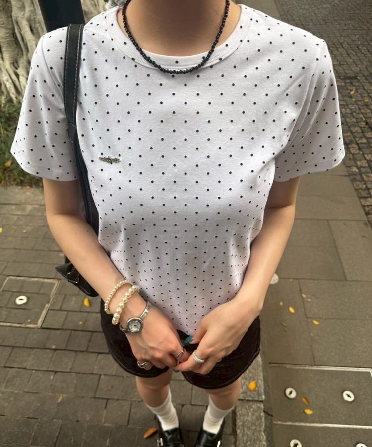 【❤️MADE】【シュシュ付き】クロップ丈ドッドTシャツ WHITE