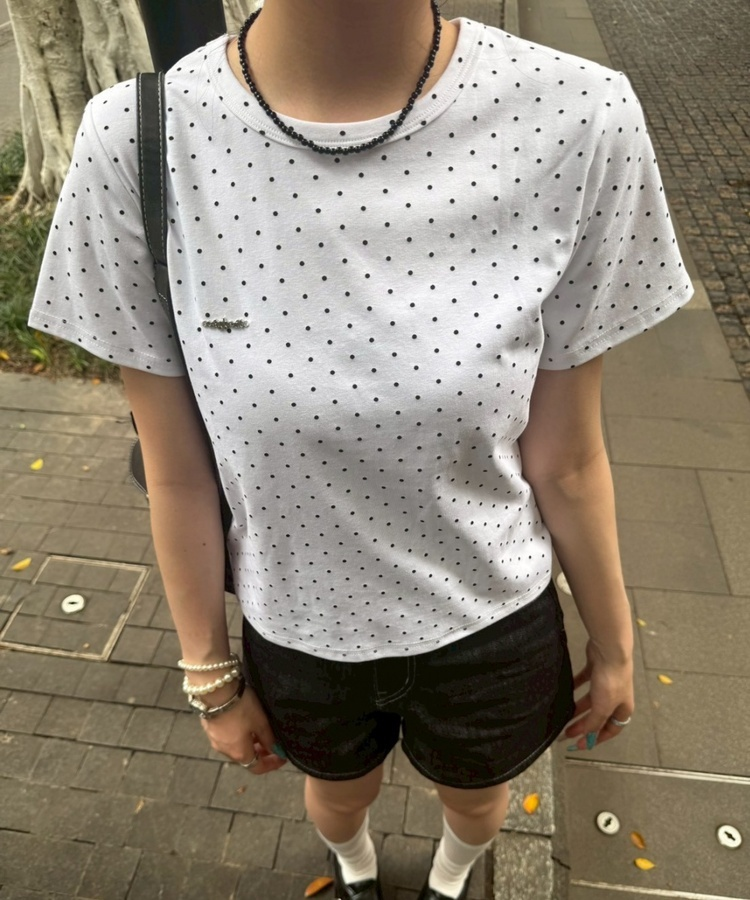 【❤️MADE】【シュシュ付き】クロップ丈ドッドTシャツ WHITE