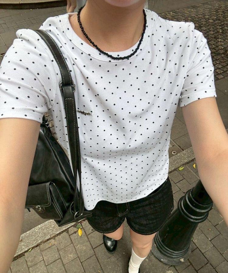 【❤️MADE】【シュシュ付き】クロップ丈ドッドTシャツ WHITE