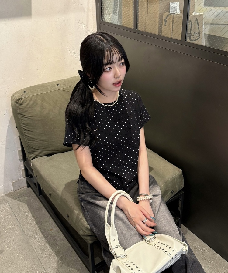 【❤️MADE】【シュシュ付き】クロップ丈ドッドTシャツ BLACK