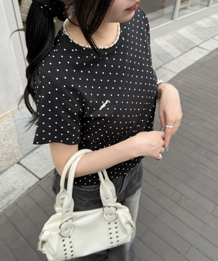 【❤️MADE】【シュシュ付き】クロップ丈ドッドTシャツ BLACK