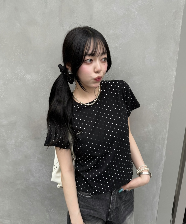 【❤️MADE】【シュシュ付き】クロップ丈ドッドTシャツ BLACK