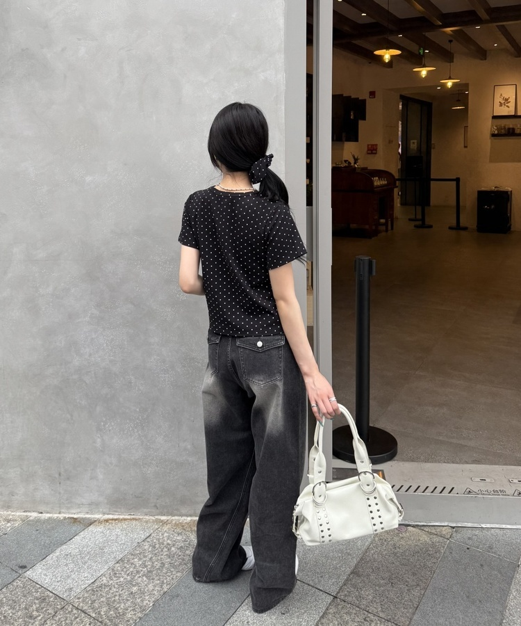 【❤️MADE】【シュシュ付き】クロップ丈ドッドTシャツ BLACK