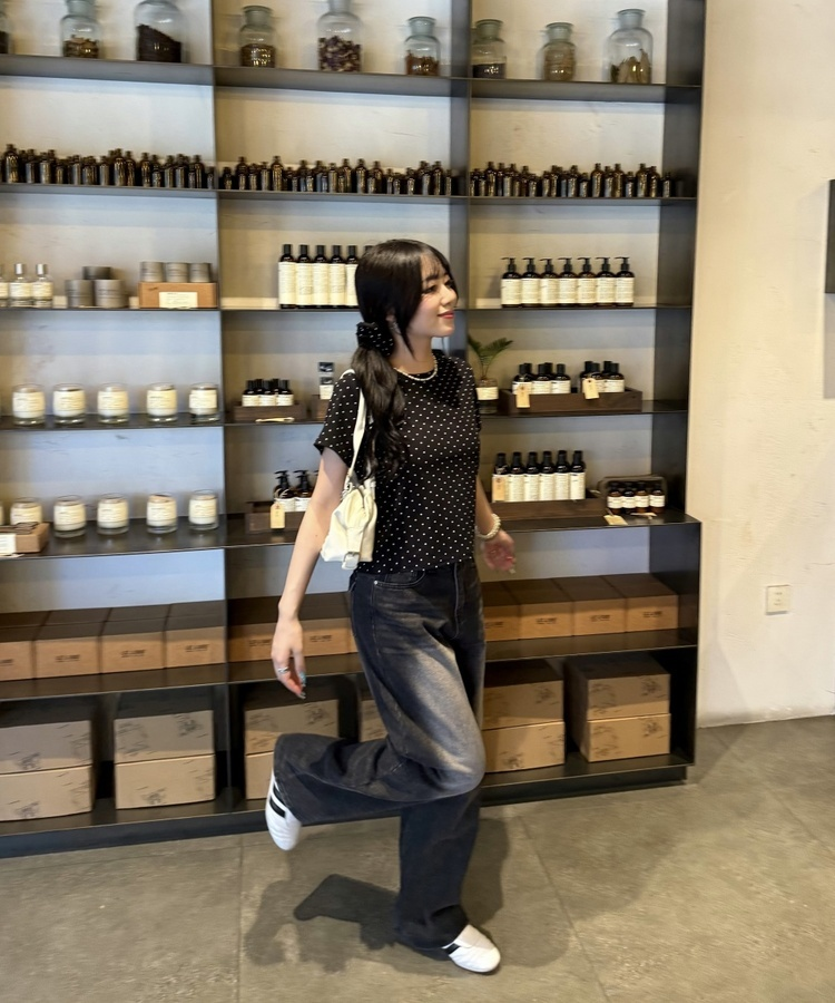 【❤️MADE】【シュシュ付き】クロップ丈ドッドTシャツ BLACK