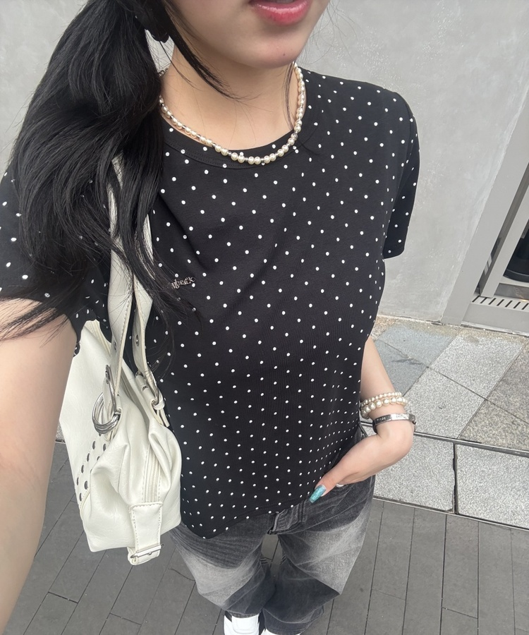 【❤️MADE】【シュシュ付き】クロップ丈ドッドTシャツ BLACK