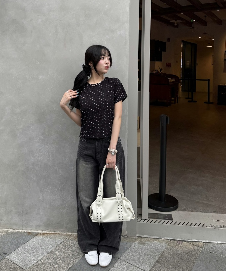 【❤️MADE】【シュシュ付き】クロップ丈ドッドTシャツ BLACK