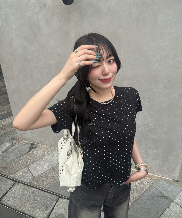 【❤️MADE】【シュシュ付き】クロップ丈ドッドTシャツ BLACK