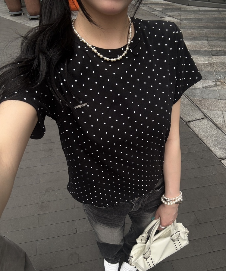 【❤️MADE】【シュシュ付き】クロップ丈ドッドTシャツ BLACK