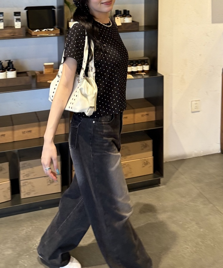 【❤️MADE】【シュシュ付き】クロップ丈ドッドTシャツ BLACK