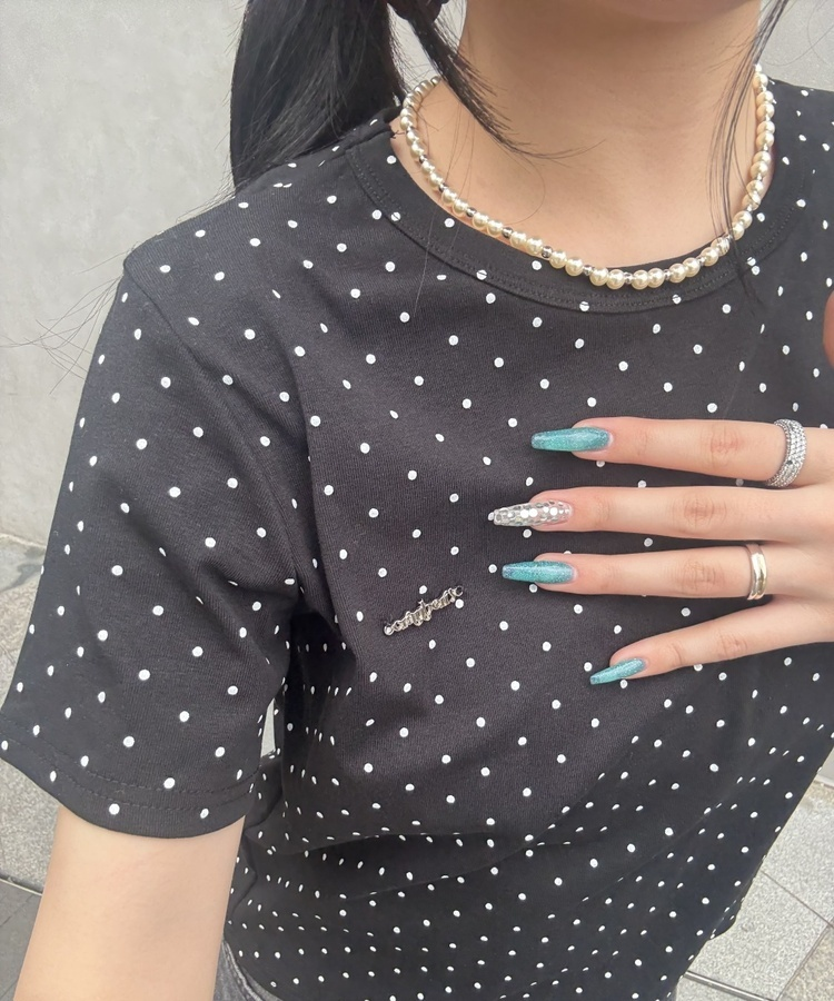 【❤️MADE】【シュシュ付き】クロップ丈ドッドTシャツ BLACK