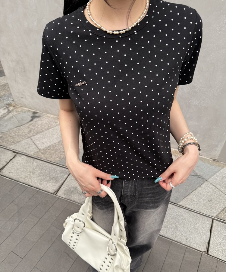 【❤️MADE】【シュシュ付き】クロップ丈ドッドTシャツ BLACK
