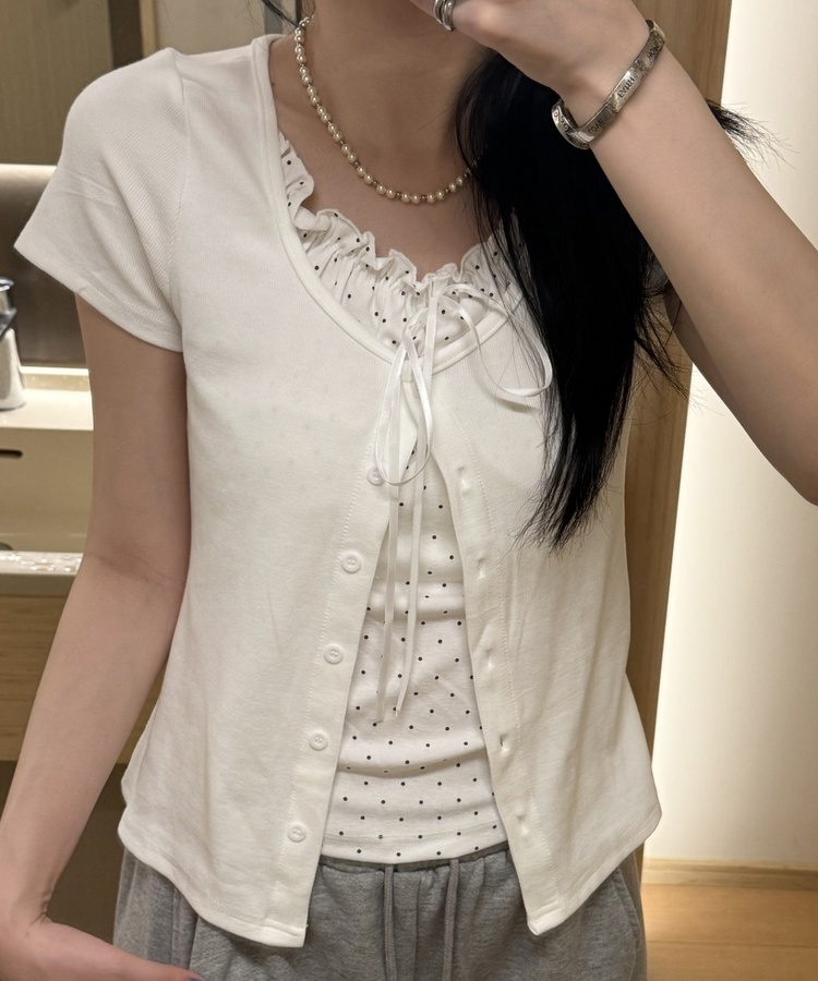 レイヤード風リボンカーデトップス WHITE