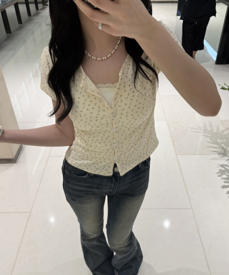 フラワーパターン半袖カーディガン YELLOW